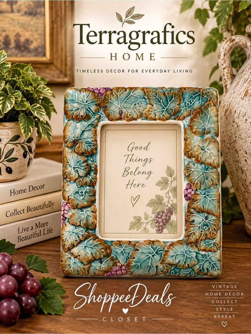 Terragrafics Ceramic Grape Leaf Picture Frame Teal Green Purple 7.5”
